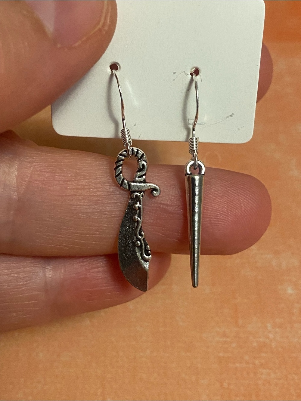 Silver-Tone Mismatched Dangle Earrings with Decorative Blade and Spike